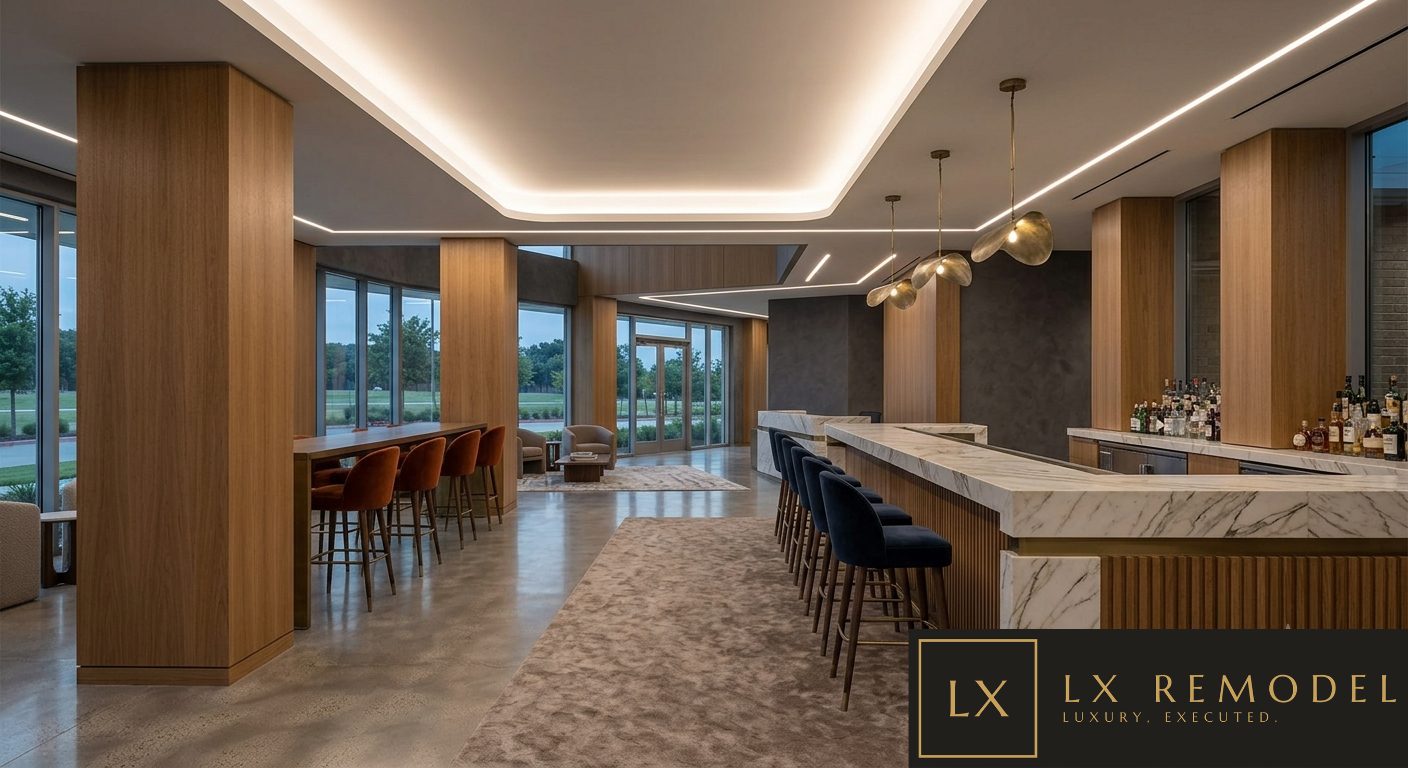 Bar and lounge at dusk with a long marble counter, fluted oak base, and hand-blown brass pendants