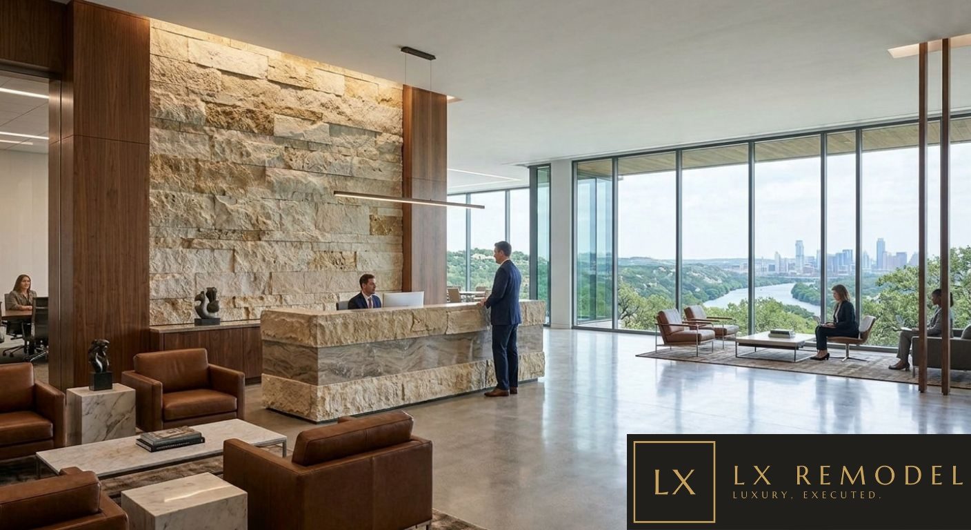 Law firm lobby with a stacked limestone reception desk and feature wall, walnut panels, leather lounge seating, and floor to ceiling glass overlooking the river and downtown Austin