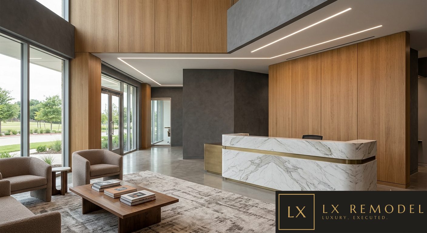 Double-height arrival lobby with white oak walls, book-matched marble reception desk, and linear ceiling lighting