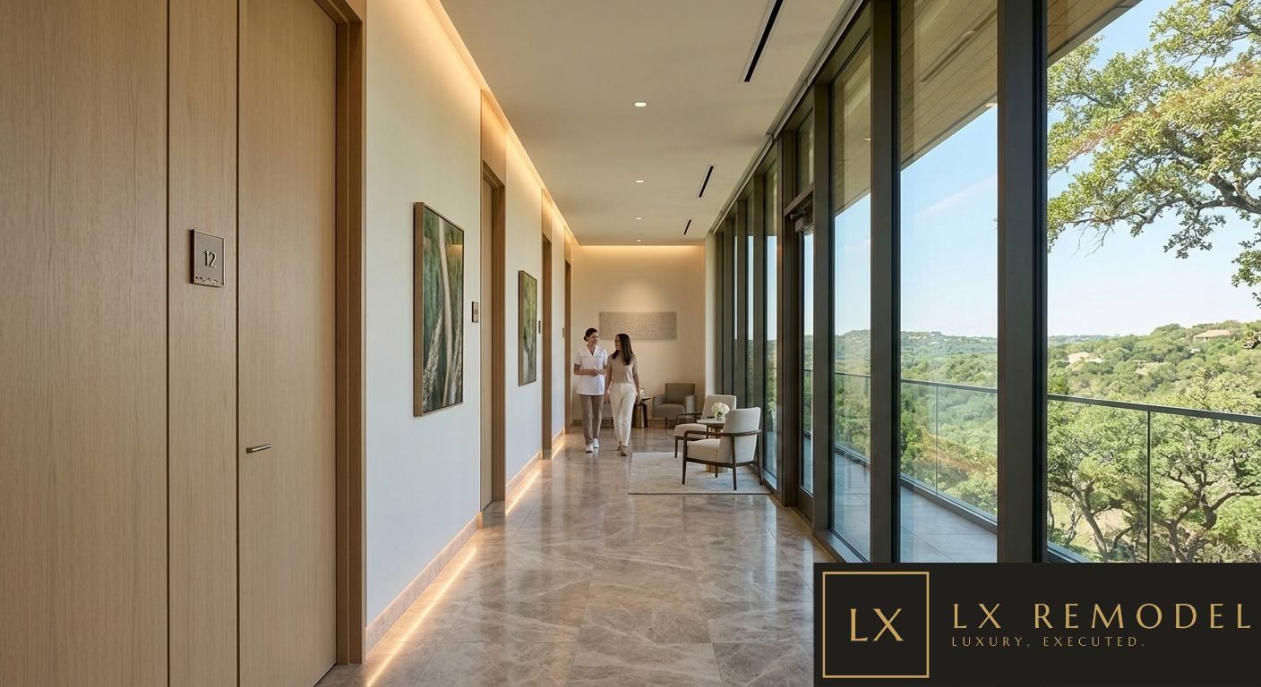Med spa treatment corridor with white oak doors, cove lighting, a marble floor, a seating nook, and a full glass wall overlooking the Hill Country canopy
