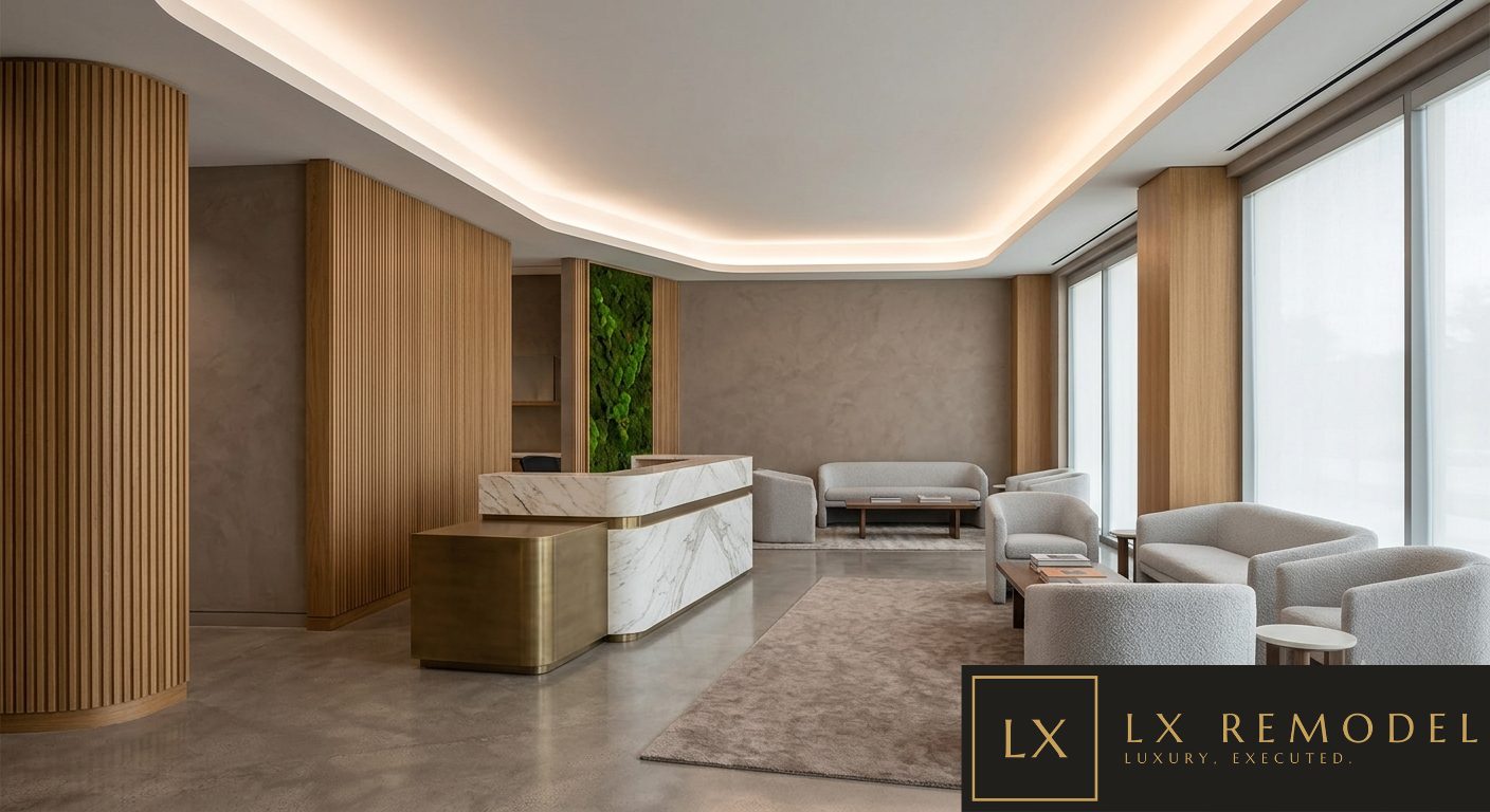 Reception lounge with marble and brass desk, living moss wall, and boucle armchairs by full-height windows