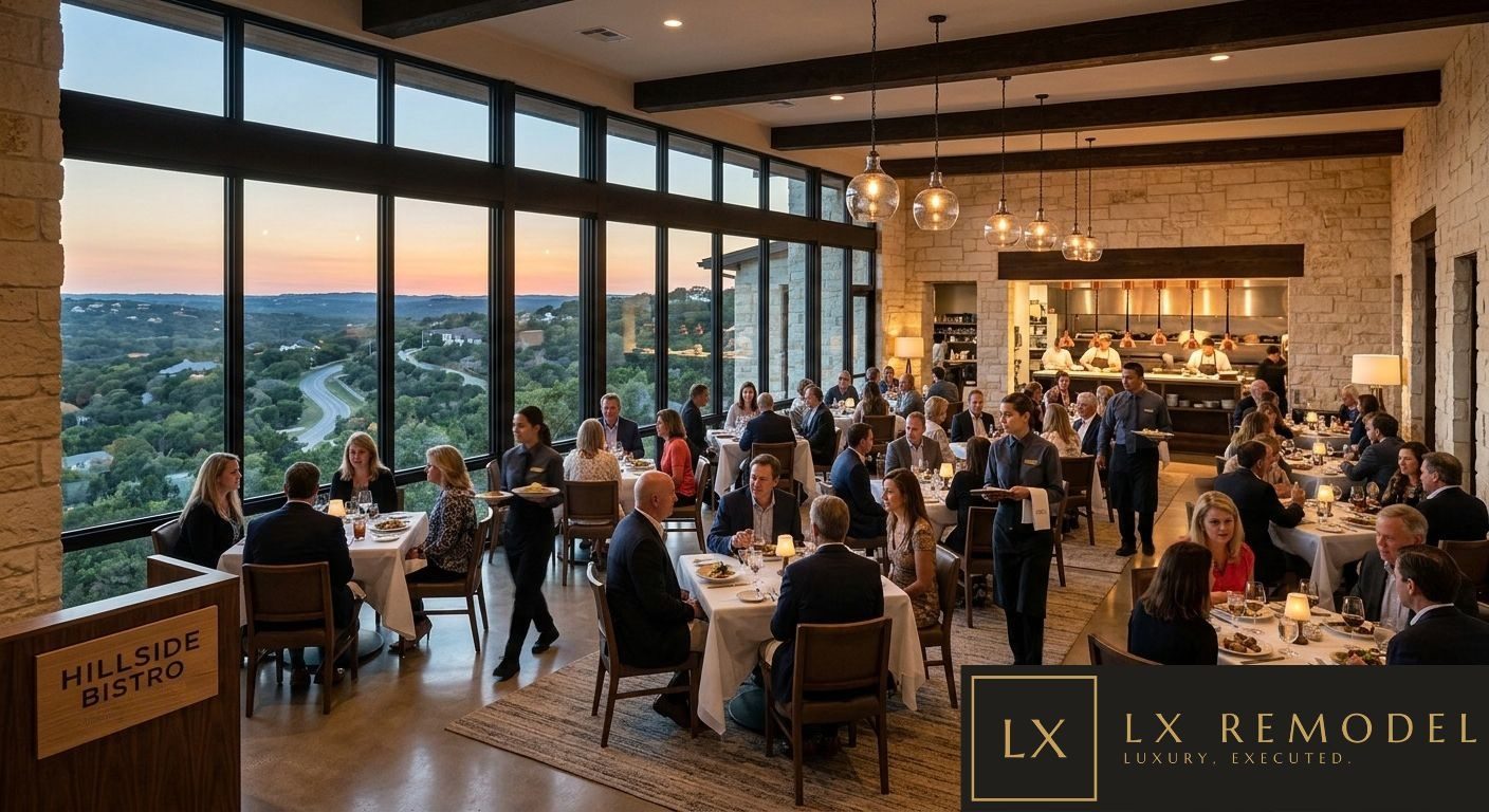 Restaurant dining room at sunset during full service, with limestone walls, timber beams, glass pendants, an open kitchen, and a wall of windows over the Hill Country