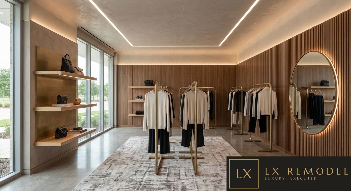 Boutique retail floor with brass garment rails, floating oak shelves, and a backlit round mirror on a slatted wall