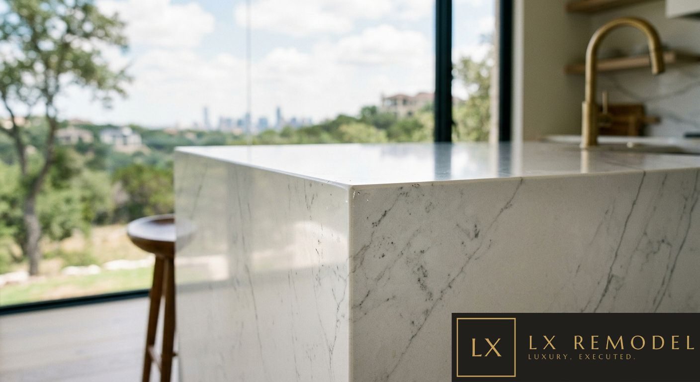 Close view of a marble waterfall island with a tightly mitered corner, brass faucet beyond, and the Austin skyline through the window