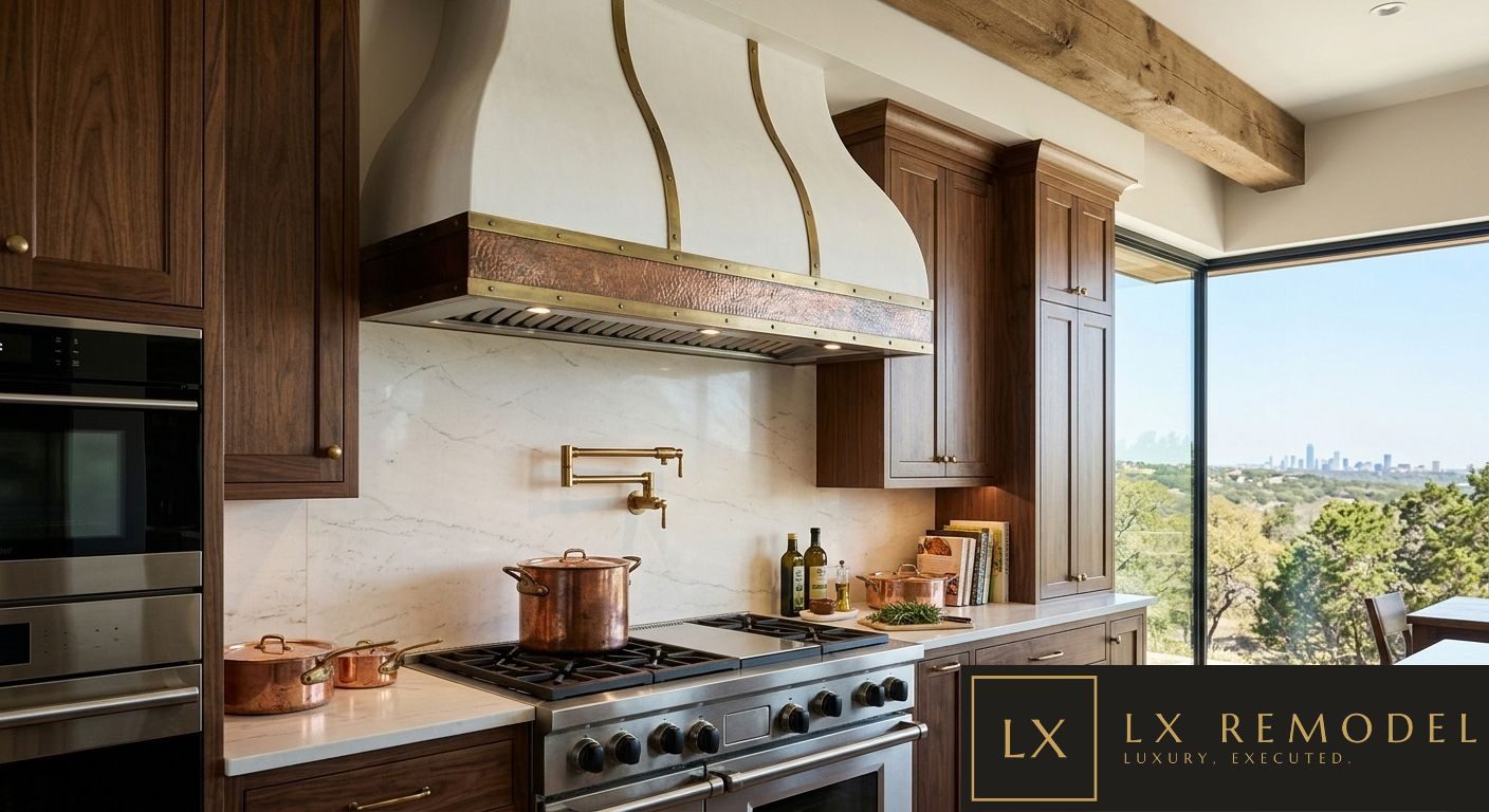 Range wall with a plaster hood banded in hammered copper and brass, marble slab backsplash, brass pot filler, professional range, and walnut cabinetry beside a window to the Austin skyline