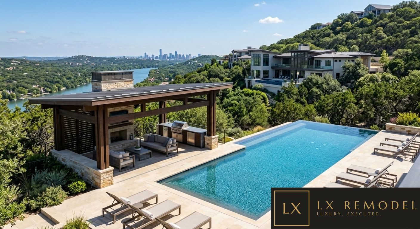 Covered poolside cabana with lounge seating, fireplace, and built in grill beside an infinity edge pool, looking over Lake Austin to the downtown skyline