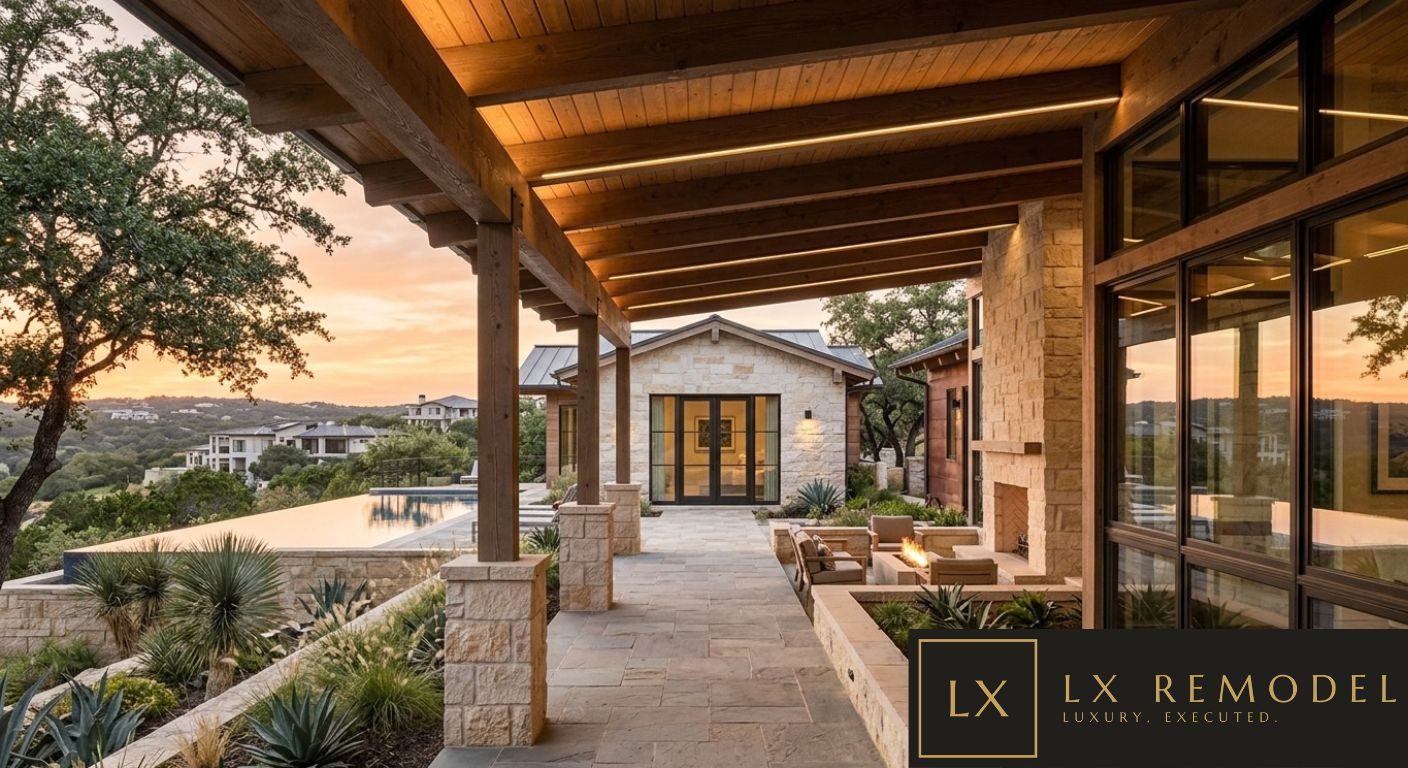 Covered breezeway with timber beams and limestone piers leading to a casita built in matching stone and standing seam roof, with an infinity pool and the Hill Country at sunset