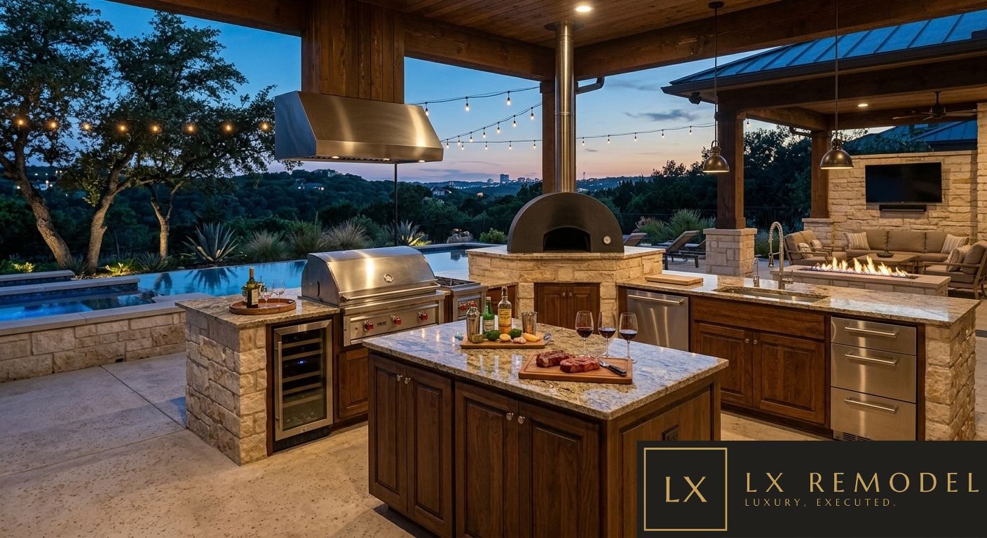 Covered outdoor kitchen at dusk with a built in grill under a stainless hood, wood fired oven, granite islands, wine refrigerator, string lights, and a pool with the Austin skyline beyond