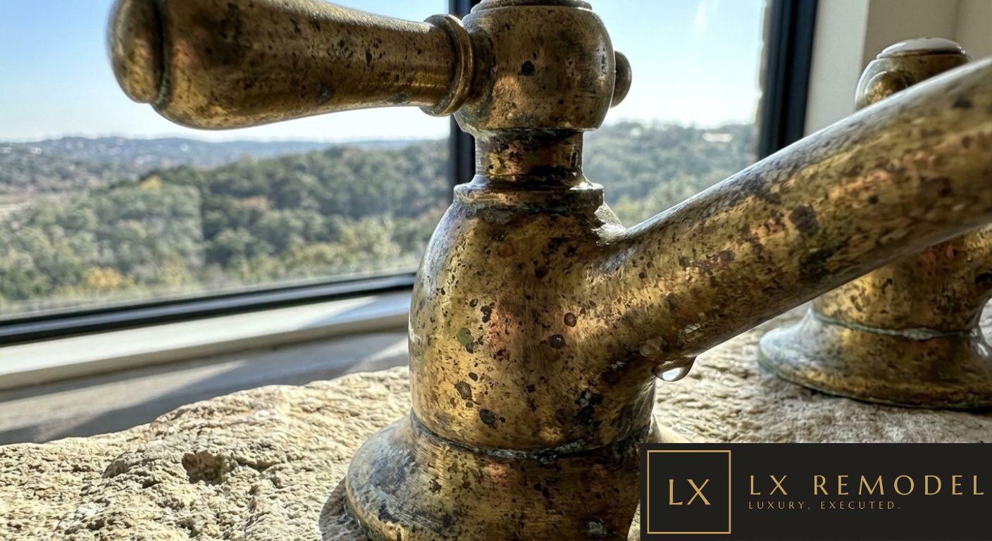 Macro of an unlacquered brass basin tap with deep natural patina, set on a rough cut travertine counter with the Hill Country beyond the window