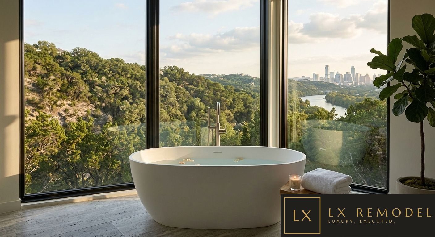 Freestanding soaking tub against floor to ceiling glass, looking out over the Hill Country canyon, the river, and the downtown Austin skyline