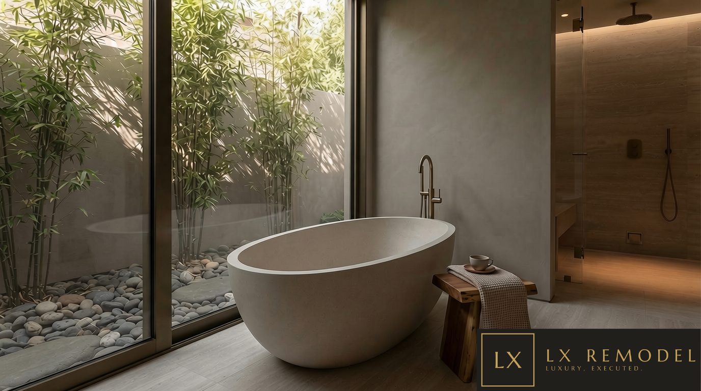 Freestanding stone soaking tub against a glass wall opening to a private bamboo and river-stone courtyard