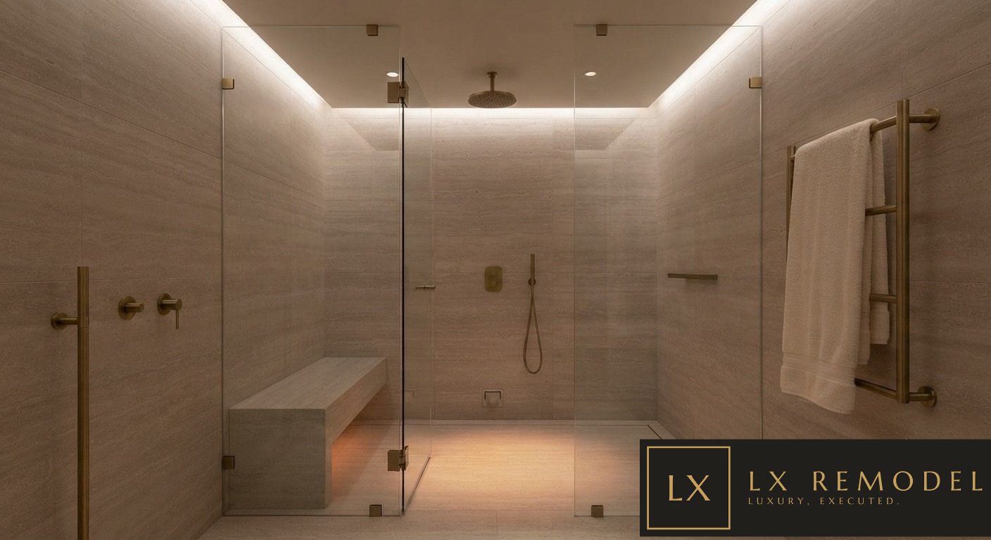 Curbless travertine wet room behind frameless glass with a floating bench, rain head, and brass towel warmer