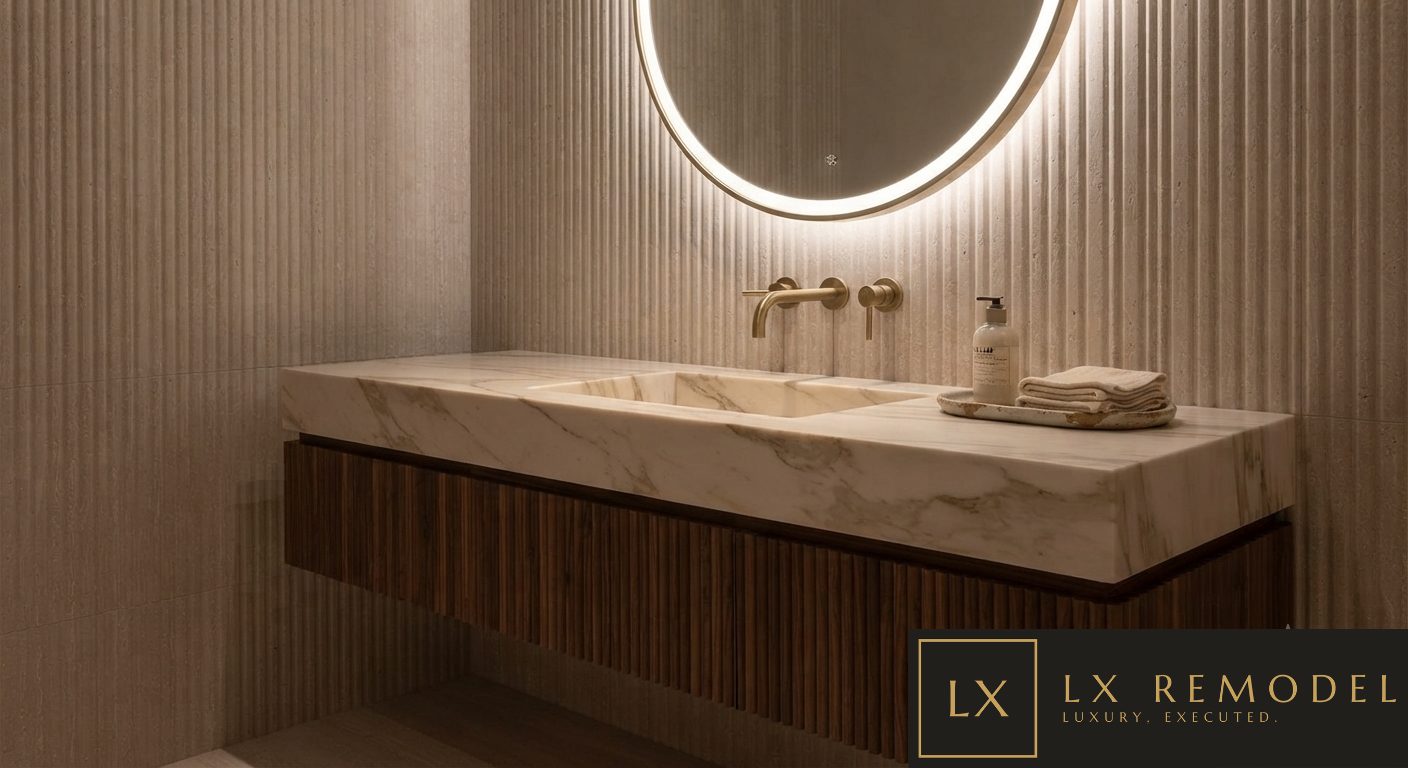 Floating vanity with an integrated marble basin carved from the counter slab, fluted walnut base, and backlit round mirror