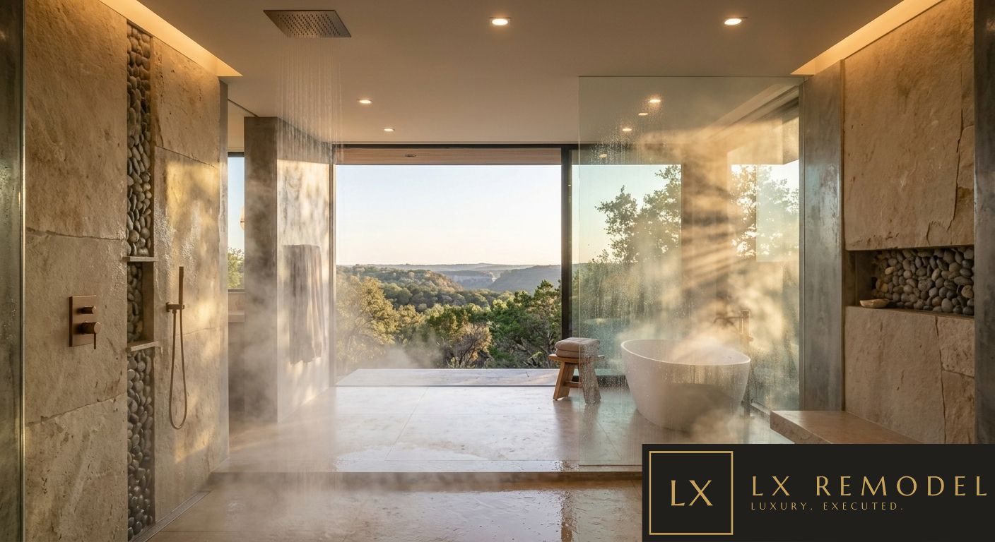 Curbless wet room in travertine with pebble inlay niches, a ceiling rain head running with steam, glass partition, freestanding tub, and a full window to the Hill Country