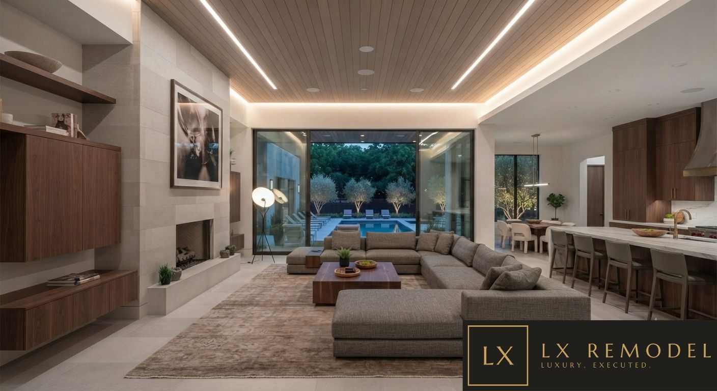 Great room at dusk with slatted walnut ceiling opening to the pool terrace