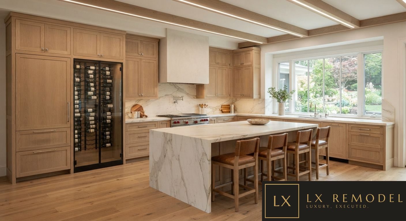 White oak kitchen with book-matched marble waterfall island, glass-front wine tower, and plaster hood