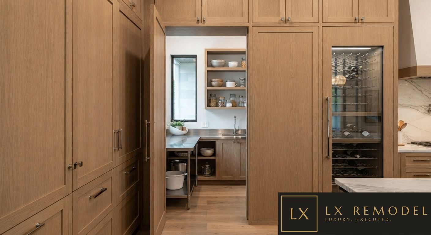 Scullery behind open pocket doors with stainless prep table and open shelving