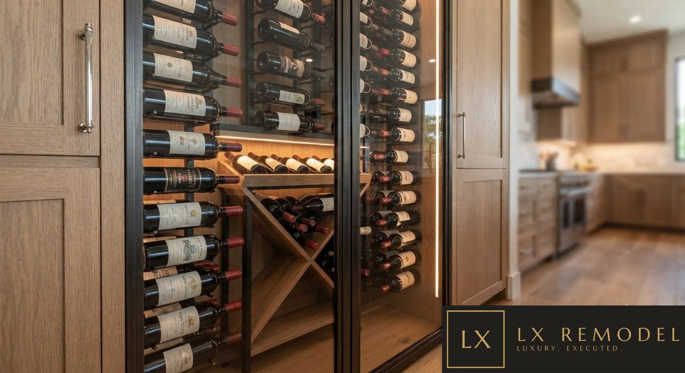 Glass-front climate-controlled wine tower with black metal racking