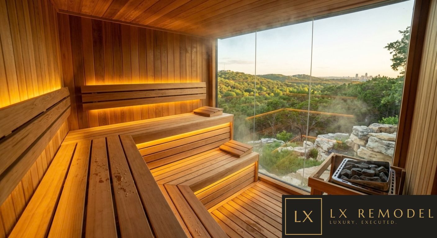 Cedar sauna interior with tiered benches, concealed warm lighting, a rock filled heater, and a full glass wall looking out over the Hill Country