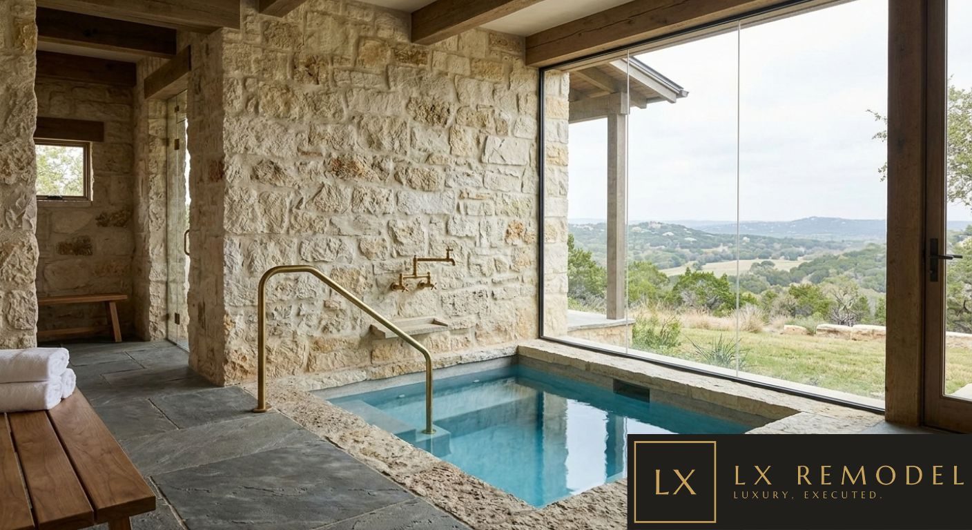 Sunken cold plunge set in limestone with a brass handrail and fill spout, flagstone floor, cedar bench, and a glass wall opening to the Hill Country
