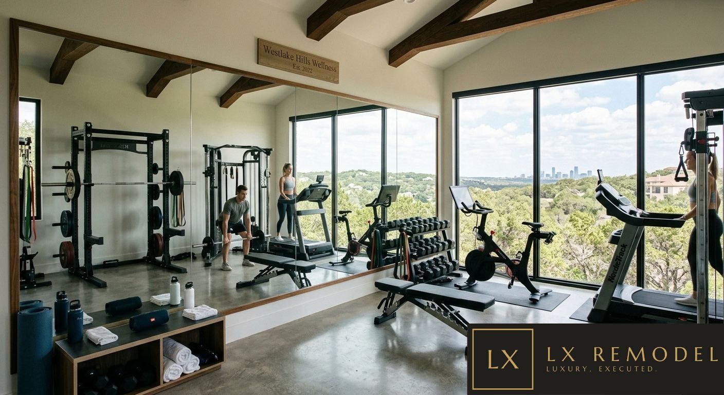 Home gym with power rack, full mirrored wall, free weights, treadmill and bike, exposed beams, and a glass wall looking over the Hill Country to the Austin skyline