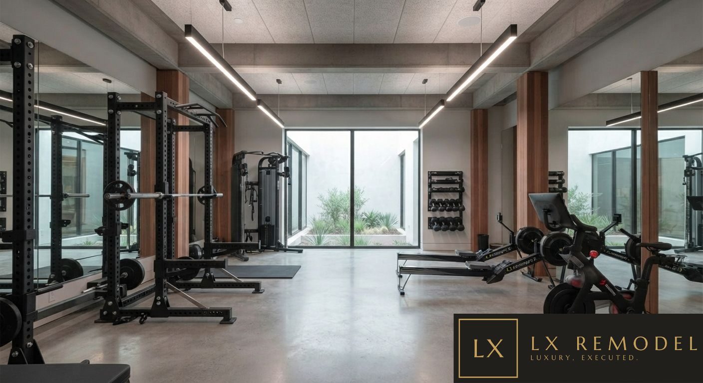 Performance gym with power rack, rowers, mirrored wall, and a glass wall to a planted courtyard