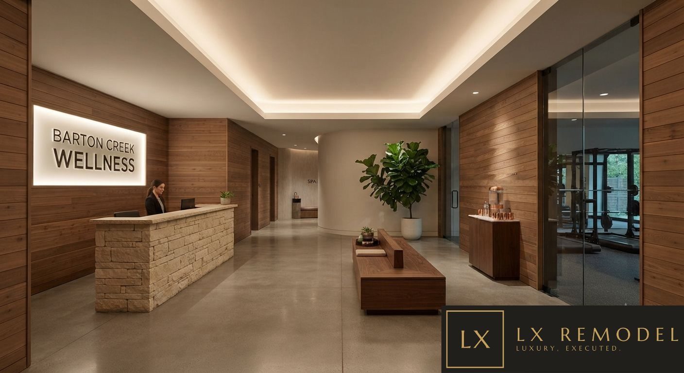 Wellness floor reception with backlit signage, cedar plank walls, and a stacked stone desk