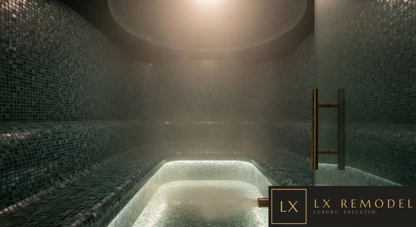 Steam room clad in iridescent mosaic tile with a domed ceiling and a lit cold plunge