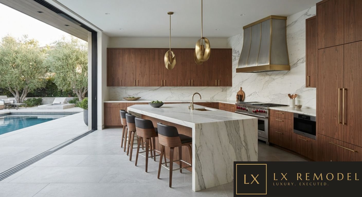 Chef's kitchen with walnut millwork and marble waterfall island opening to the pool terrace