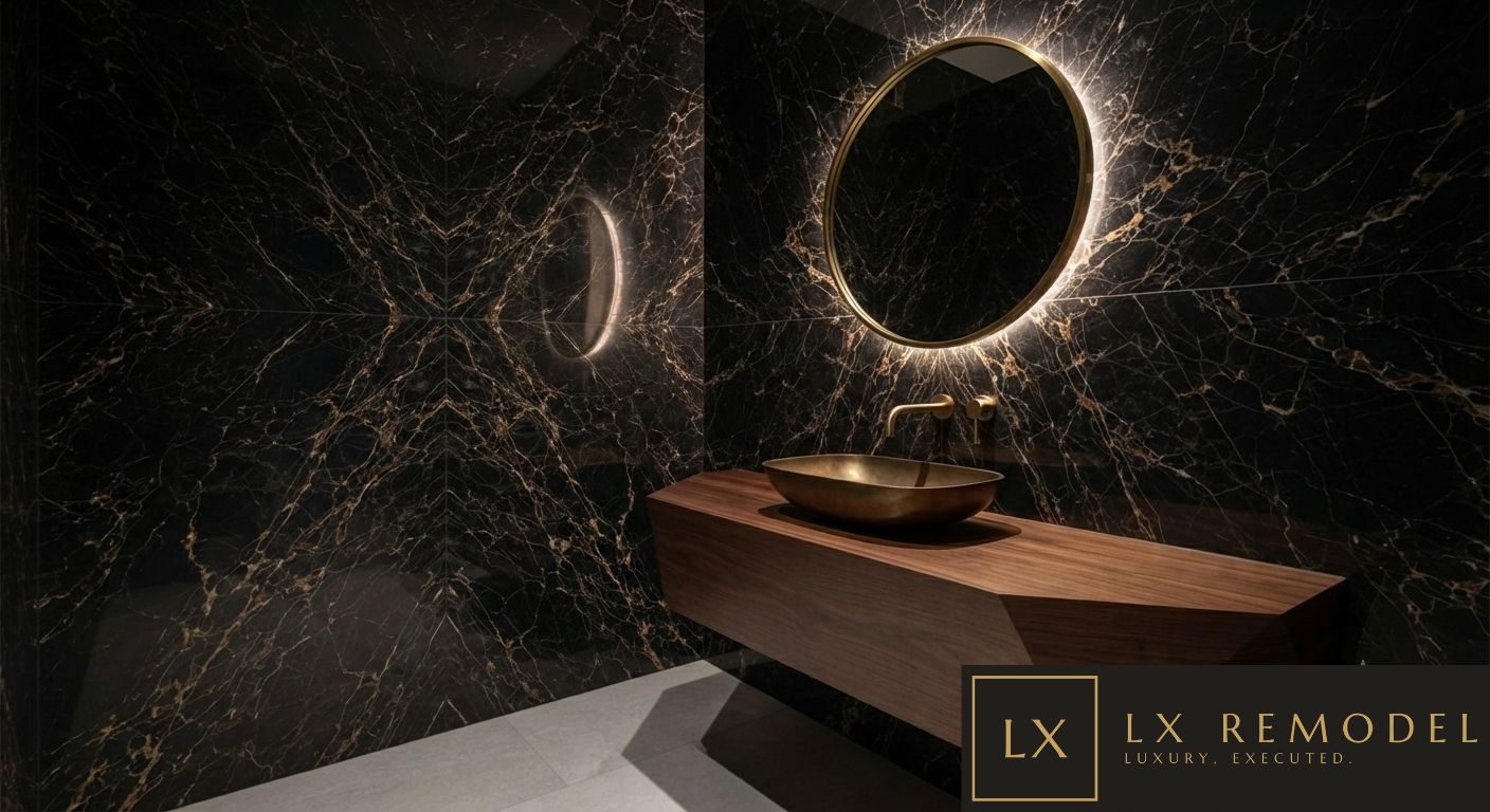Powder room in book-matched dark marble with backlit round mirror and brass vessel basin