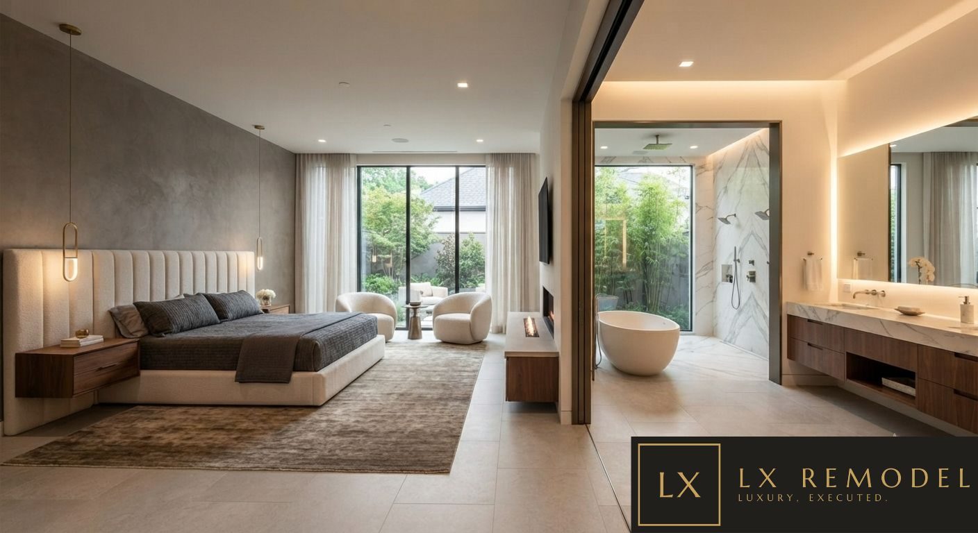 Primary suite with linear fireplace opening to an ensuite bath with freestanding tub and marble wet room