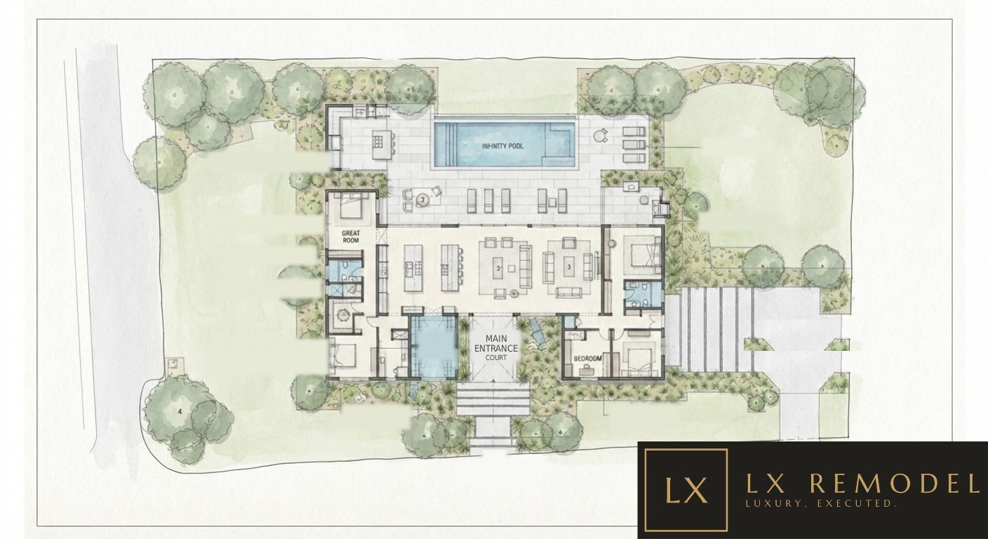 Watercolor site plan showing the infinity pool, great room, and main entrance court