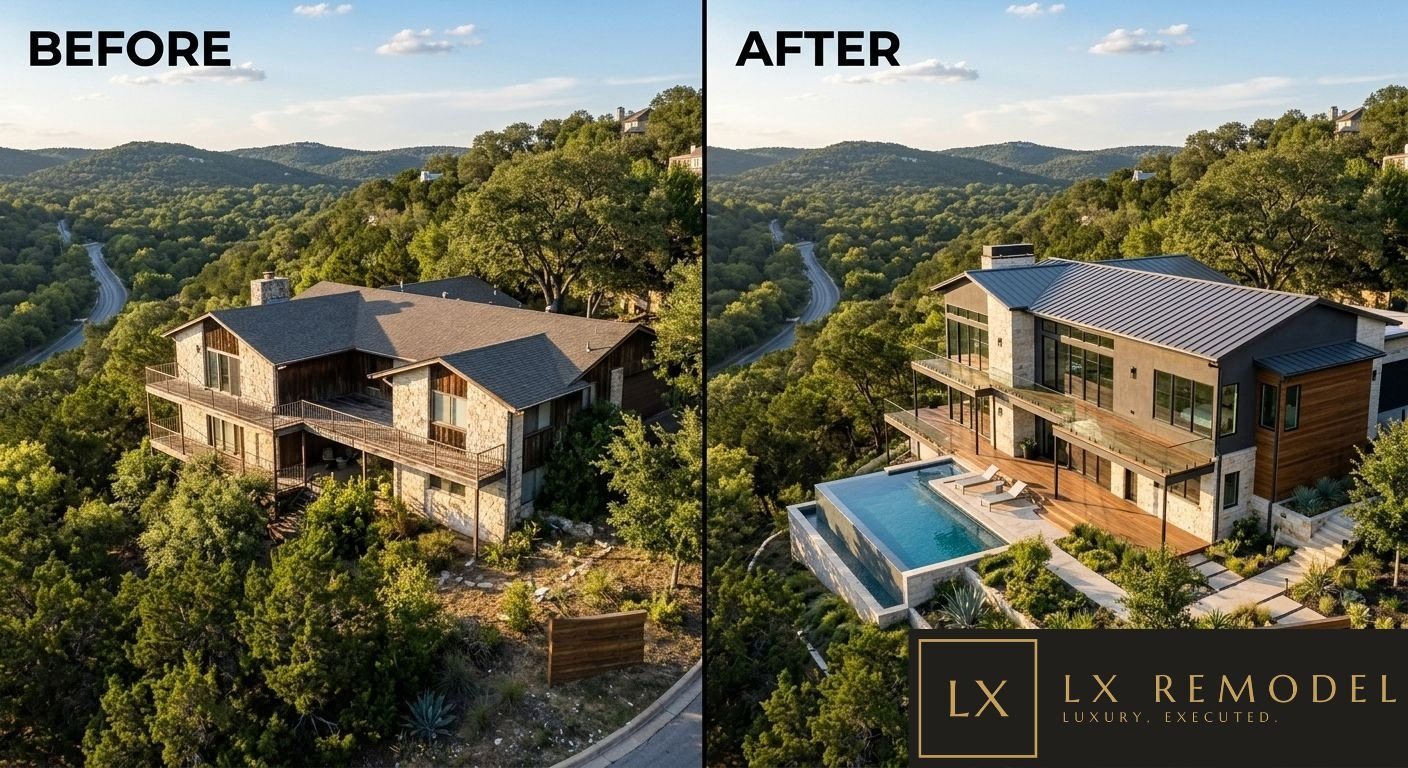 Aerial before and after of a Hill Country residence, shot from the same angle: the original gabled stone house, and the finished remodel with standing seam roof, full height glass, terrace, and infinity pool