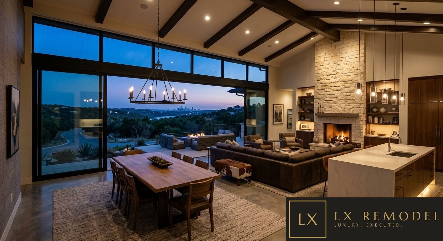 Great room at twilight with exposed beams, a stone fireplace, and a full glass wall slid open to a terrace with fire table, Austin skyline in the distance