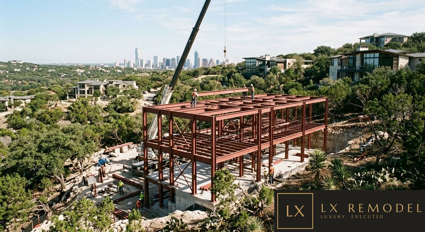 Crane setting a steel beam onto a new multi level frame above a concrete foundation, ironworkers on the top deck, downtown Austin skyline beyond